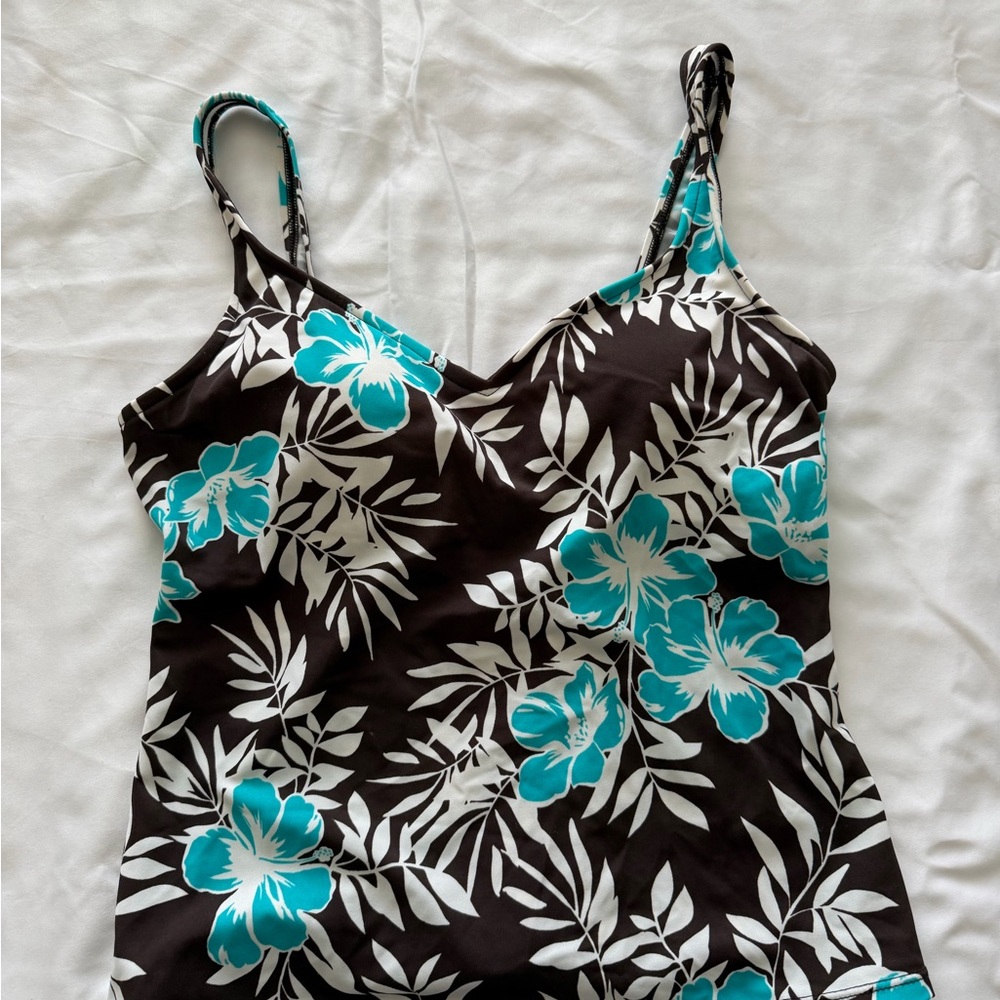 Jantzen Turquoise and Brown Floral Swim Top